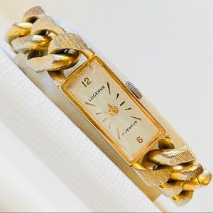 Vintage Lucerne Swiss Hand Wind 17J Women's Gold Watch Curb Link Chain Bracelet